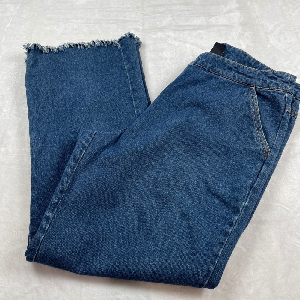 Metrostyle Womens High Rise Wide Leg Jeans Blue Frayed Hem 100% Cotton Size 12